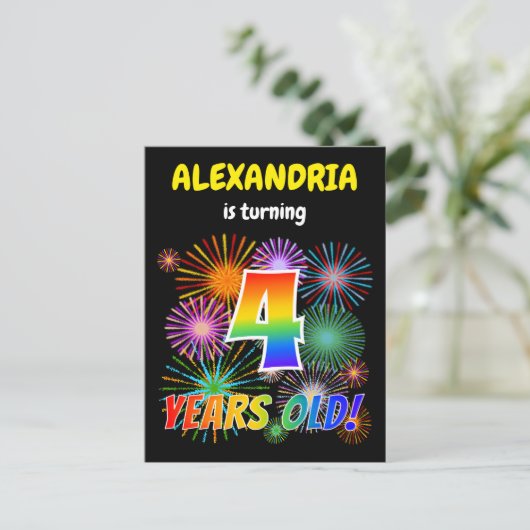 Vierde verjaardag - vuurwerk, regenboogblik "4" briefkaart (Staand voorkant)