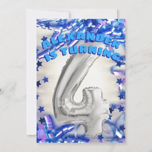 Vierde Verjaardag Zilver en Blauw Leeftijd 4 Jonge Kaart (Voorkant)