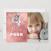 Vierde verjaardag Zilveren ballon | Roze fotoparty Kaart (Voorkant)