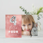 Vierde verjaardag Zilveren ballon | Roze fotoparty Kaart (Staand voorkant)