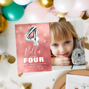Vierde verjaardag Zilveren ballon   Roze fotoparty Kaart