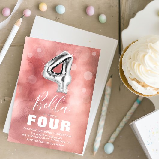 Vierde verjaardag Zilveren ballon | Roze Partij Kaart