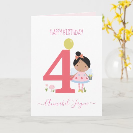 Vierde verjaardagsfee, leuke gepersonaliseerde mei kaart (Gele Bloem)