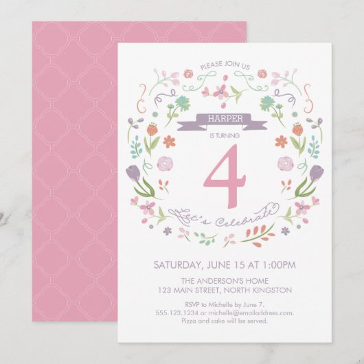 Vierde, vierde, verjaardag van het meisje kaart (Voorkant / Achterkant)