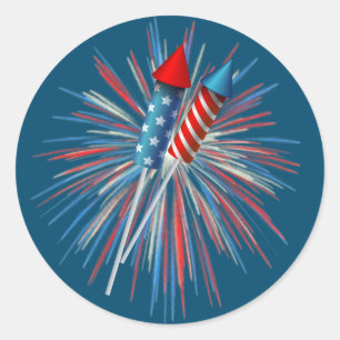 Vierde vuurwerk en raketten, geanimeerd, juli ronde sticker