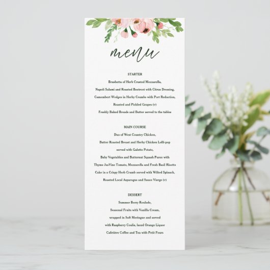 Vieren blush bloemenbruiloft menu (Staand voorkant)