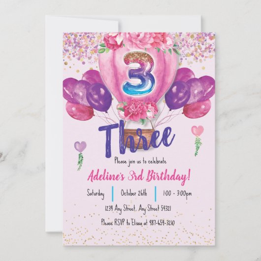 Vieren in roze: Confetti Balloon 3e verjaardag Kaart (Voorkant)