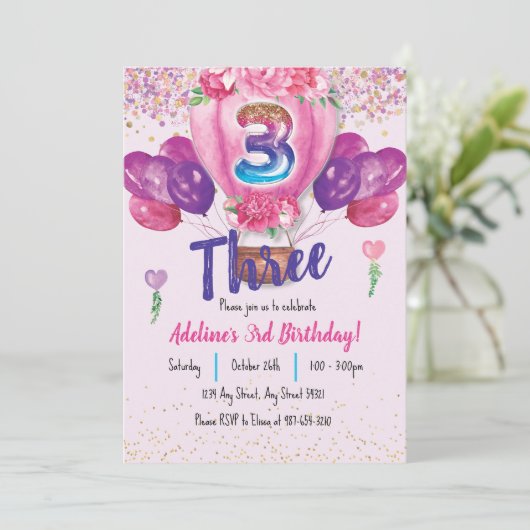 Vieren in roze: Confetti Balloon 3e verjaardag Kaart (Staand voorkant)