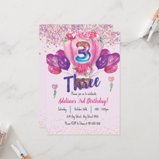 Vieren in roze: Confetti Balloon 3e verjaardag Kaart (Voorkant / Achterkant in situ)