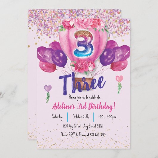 Vieren in roze: Confetti Balloon 3e verjaardag Kaart (Voorkant / Achterkant)