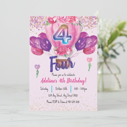 Vieren in roze: Confetti Balloon 4e verjaardag Kaart (Staand voorkant)