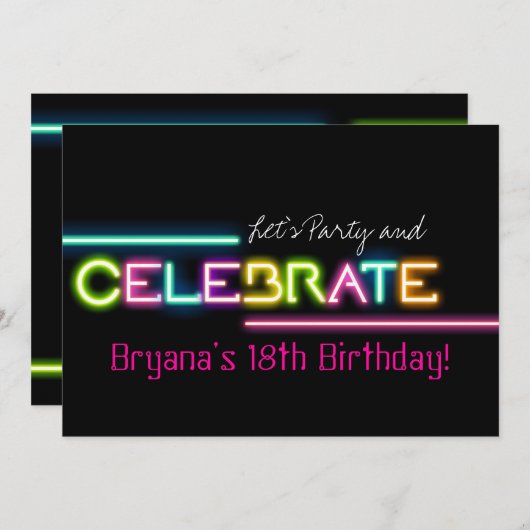 VIEREN Neon Glow Lights Rave Club Party Uitnodigen Kaart (Voorkant / Achterkant)