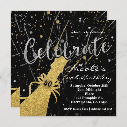 Vieren Silver & Gold Champagne Party Uitnodiging (Voorkant / Achterkant)