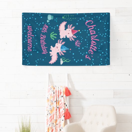 Vieren van een leuke en gelukkige Axolotl verjaard Spandoek (Insitu)