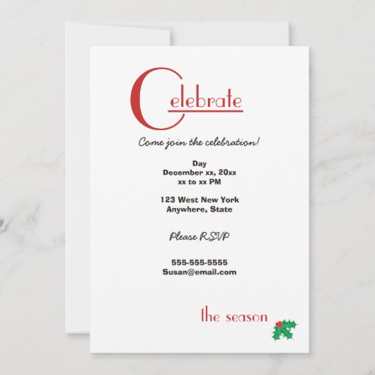Vieren van het seizoen rood en wit uitnodiging (Achterkant)