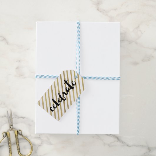 vieren | Zwarte en Faux Gold Stripe Cadeaulabel (Met Touw)