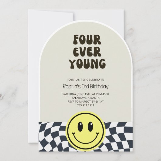 VIERever Jonge Retro Jongens 4e Verjaardag Uitnodi Kaart (Voorkant)