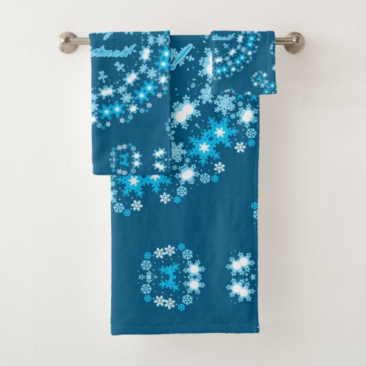 Vierige kersttekst rond lijst snowflake blauw met bad handdoek (Insitu)