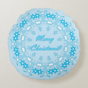Vierige kersttekst rond lijst snowflake blauw met rond kussen
