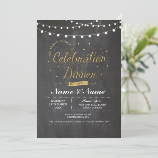 Viering Dinner Chalk Gold Party Lights Kaart (Staand voorkant)