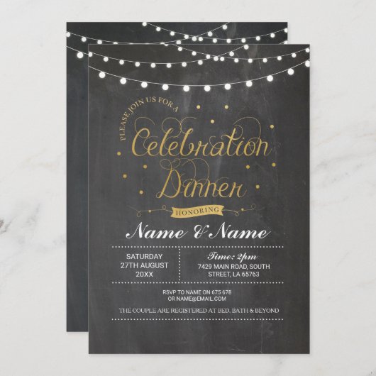 Viering Dinner Chalk Gold Party Lights Kaart (Voorkant / Achterkant)