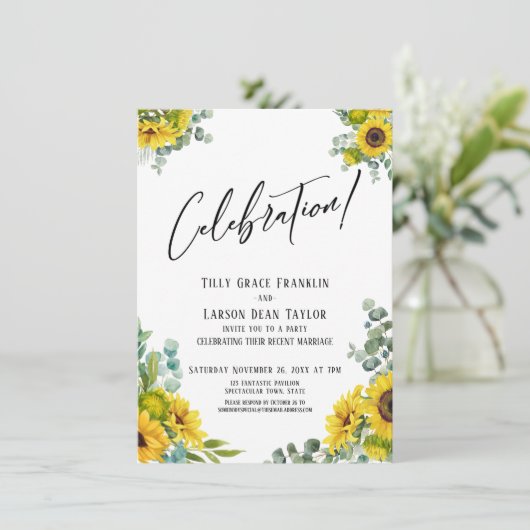 Viering! Eucalyptus Sunflower Party Reception Kaart (Staand voorkant)