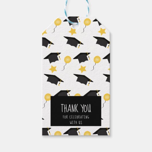 Viering met ons Afstuderen Pet ballonnen geel Cadeaulabel (Voorkant)