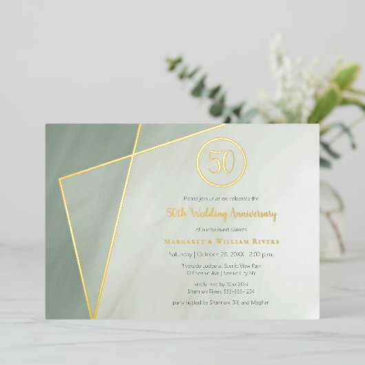 viering van 50e verjaardag grayed jade met goud folie uitnodiging (Staand Voorkant)