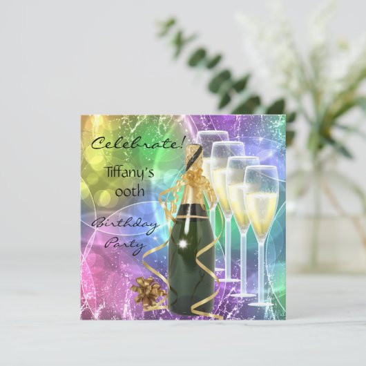 Viering van Birthday Party Pink Blue Gold Champagn Kaart (Staand voorkant)