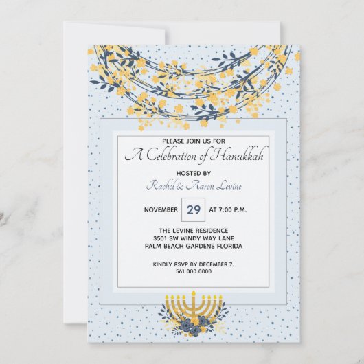 Viering van Chanoeka Gold Flowers & Navy Blue Kaart (Voorkant)