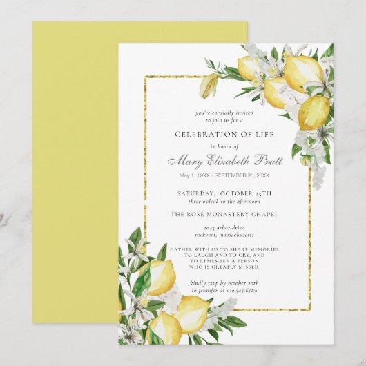 Viering van de levensdenkdienst Lemon Invitat Kaart (Voorkant / Achterkant)