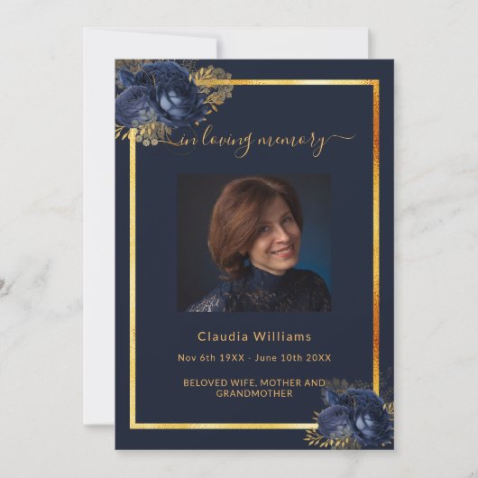 Viering van de levensherbegrafenis blauwe goudfoto kaart (Voorkant)