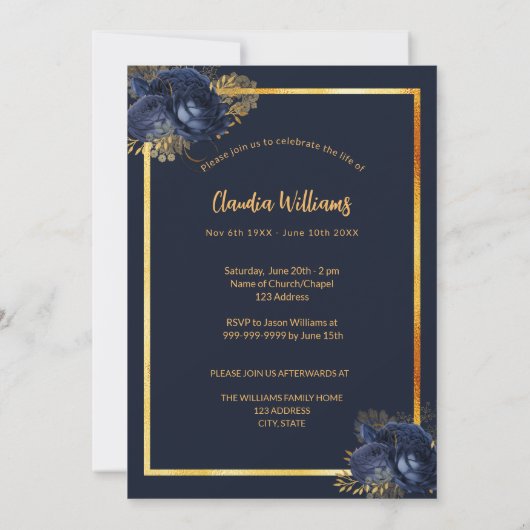 Viering van de levensherbegrafenis blauwe goudfoto kaart (Achterkant)