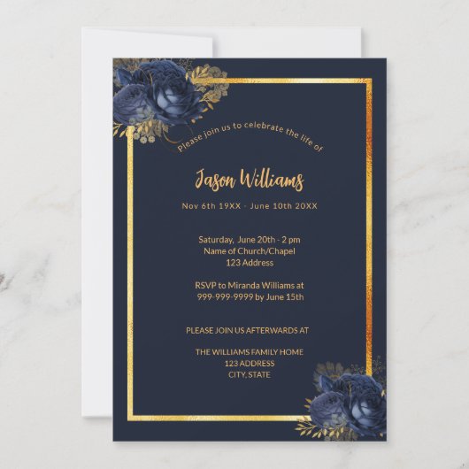 Viering van de levensherbegrafenis blauwe goudfoto kaart (Voorkant)