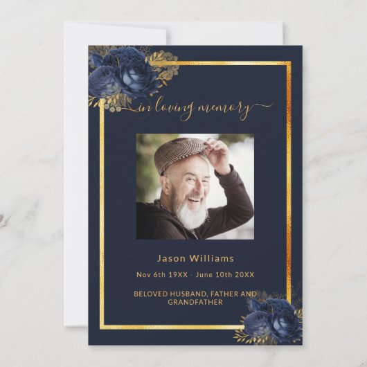 Viering van de levensherbegrafenis blauwe goudfoto kaart (Achterkant)