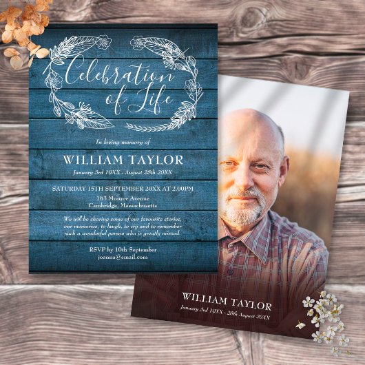 Viering van de "Life Blue Wood Photo Invitation" Aankondigingskaart
