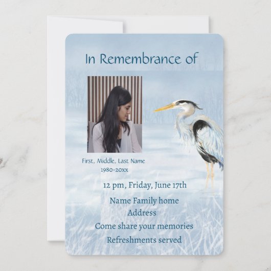 Viering van de Life Service Great Blue Heron Bird Kaart (Achterkant)