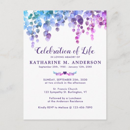 Viering van de Paarse begrafenis van het leven in  Uitnodiging Briefkaart (Voorkant)
