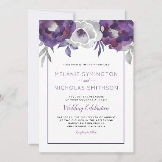 viering van de Paarse Grijze Floral bruiloft Kaart (Voorkant)
