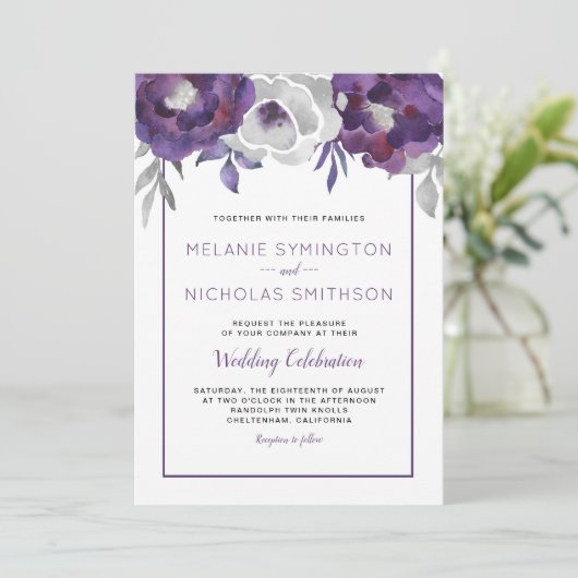 viering van de Paarse Grijze Floral bruiloft Kaart (Staand voorkant)