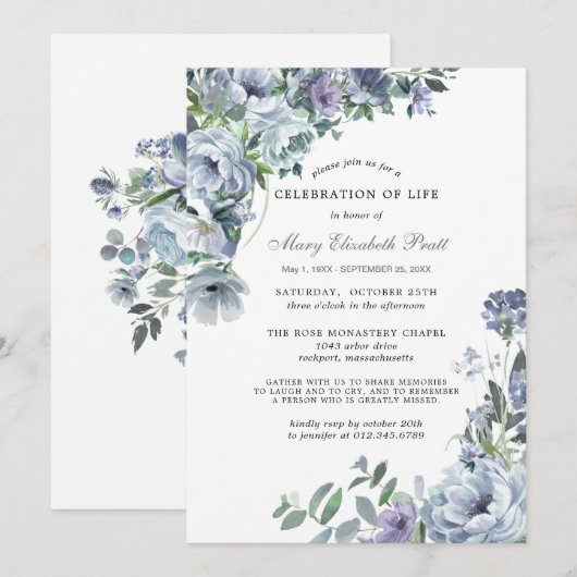 Viering van de uitnodiging van Life Blue Floral (Voorkant / Achterkant)