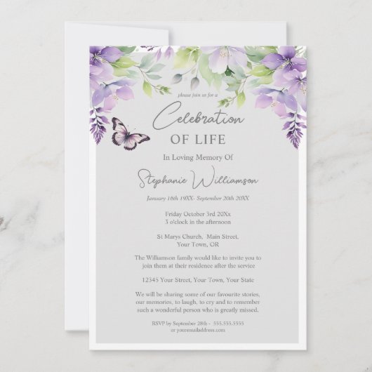 Viering van het leven 4 Foto Paarse Bloemen Begraf Kaart (Voorkant)