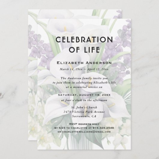 Viering van het leven Begrafenis Calla Lily Floral Kaart (Voorkant / Achterkant)