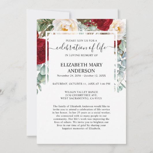 Viering van het leven begrafenis Memorial rode roz Kaart (Voorkant)