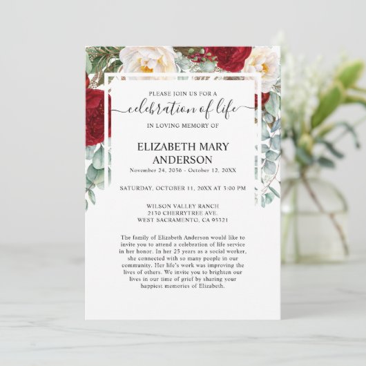 Viering van het leven begrafenis Memorial rode roz Kaart (Staand voorkant)