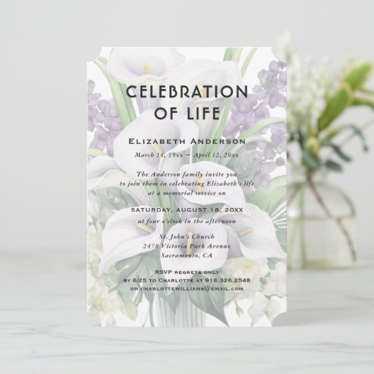 Viering van het leven begrafenis Witte Paarse Bloe Kaart (Staand voorkant)