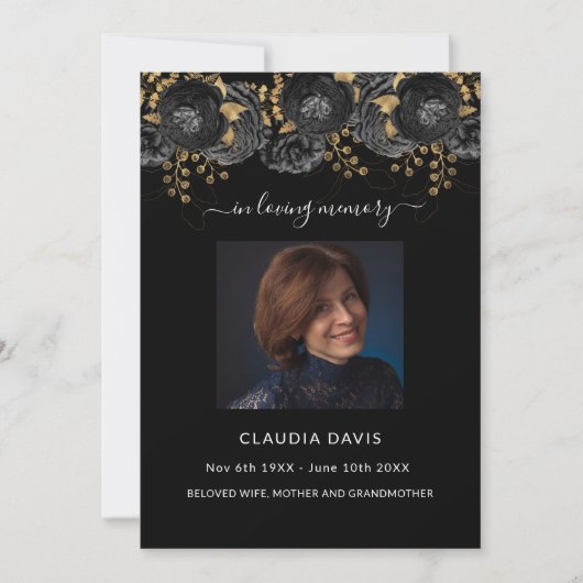 Viering van het leven begrafenis zwarte bloemen fo kaart (Voorkant)