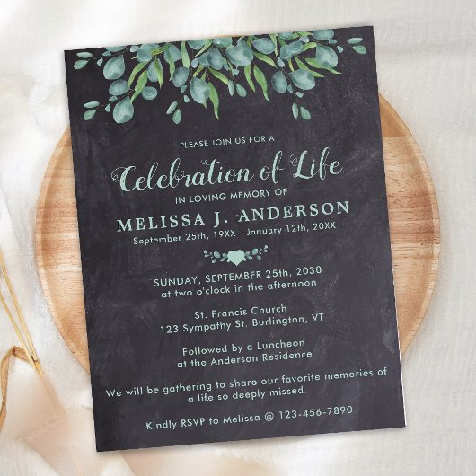 Viering van het leven - bijtende eucalyptusbegrafe uitnodiging briefkaart