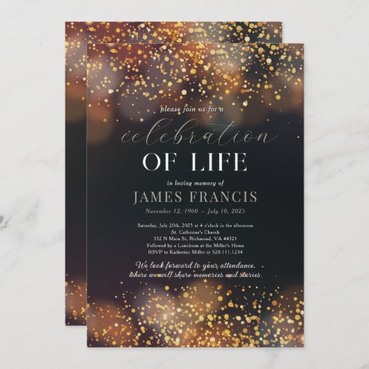 Viering van het leven Black en Gold uitnodiging (Voorkant / Achterkant)