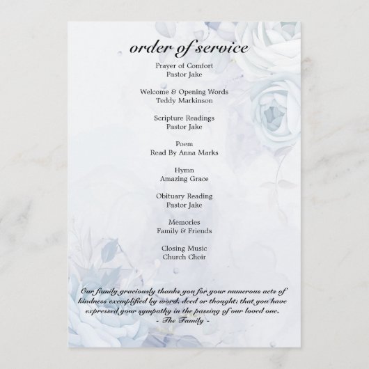 Viering van het leven Blauw Foto Elegante Bloemen Programmakaart (Achterkant)